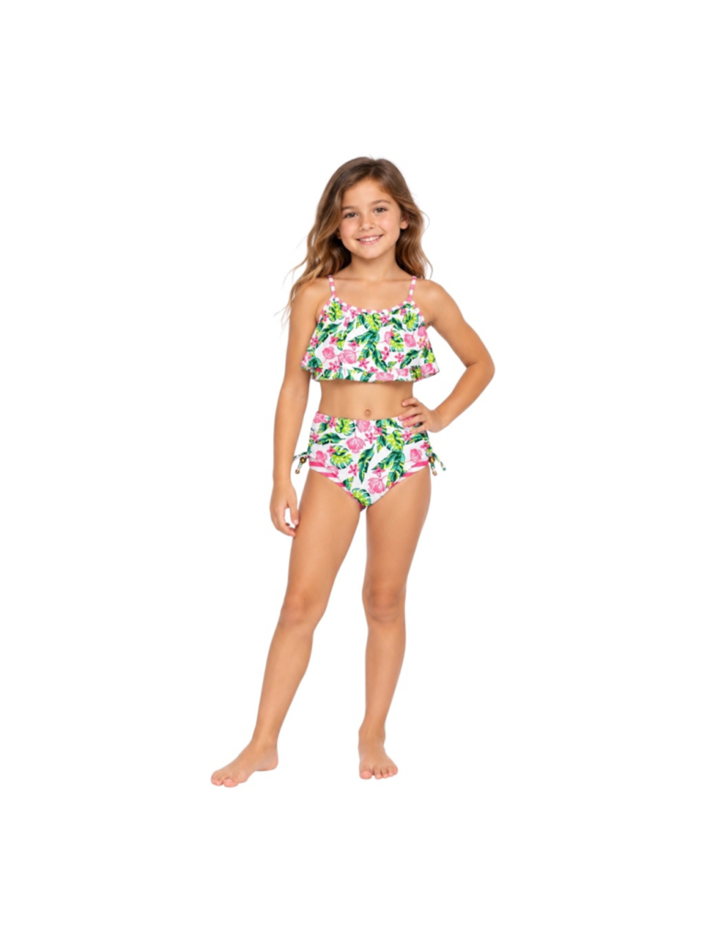 Betsey Johnson Girls Tropical Floral Two-Piece Swimsuit Reversible Bottoms Size